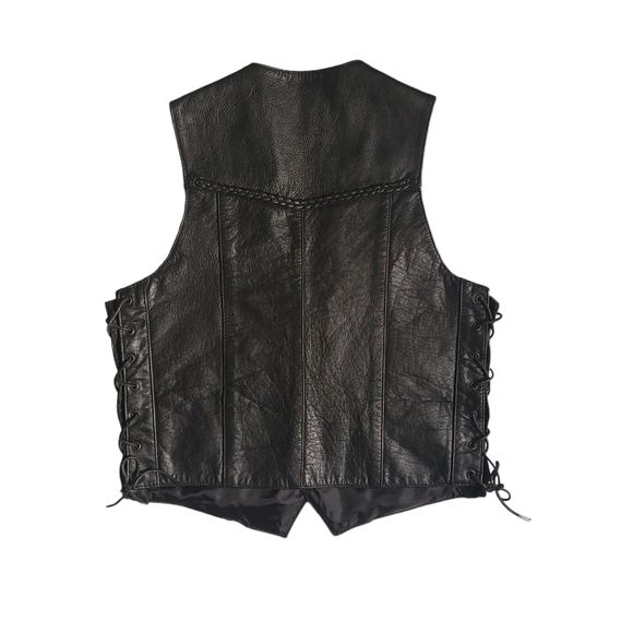 Jamin Leather men's black leather vest Size 40 lace up sides 4 pockets snaps - Picture 2 of 16